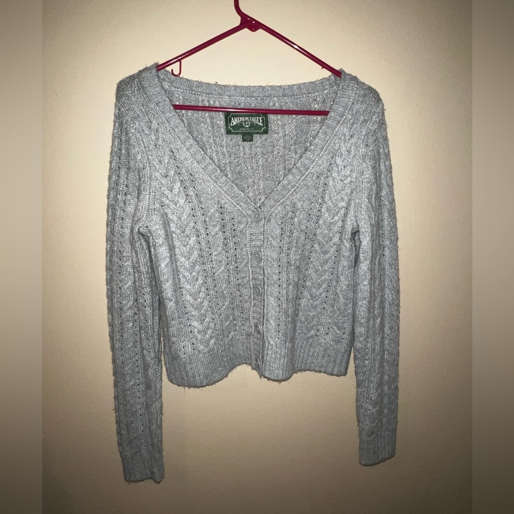 Grey Knitted Cropped Button Up Sweater - American Eagle - Size Small